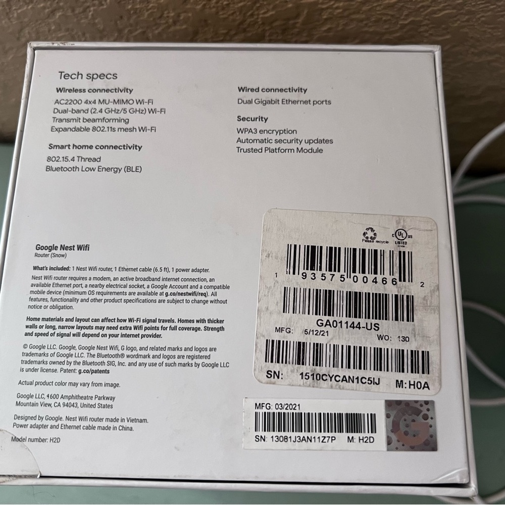 New in box Google Nest Mesh WiFi AC2200 H2D 2200 square feet of coverage - Picture 4 of 6